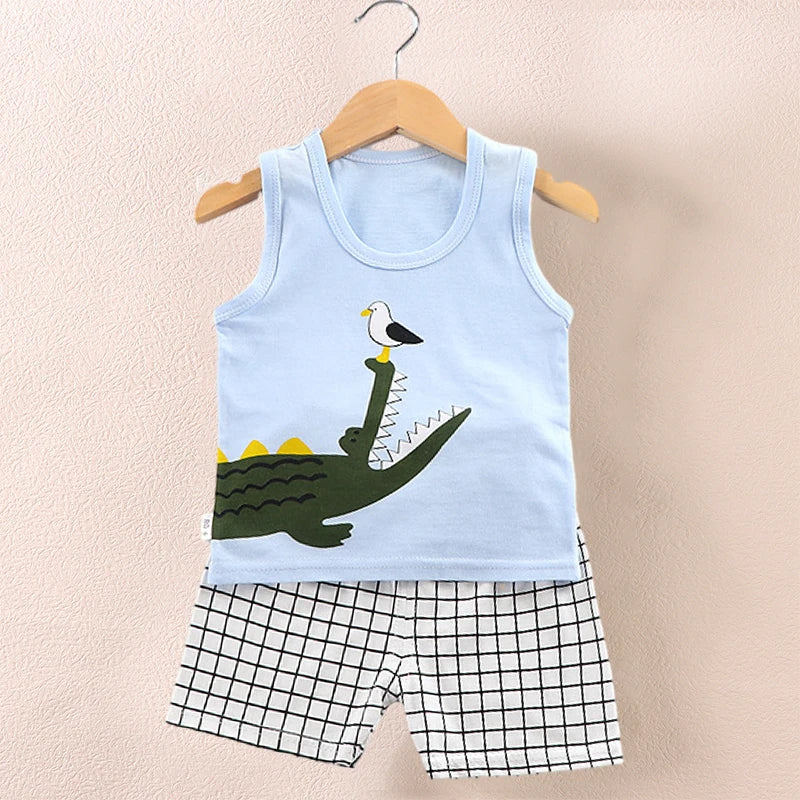 Cartoon Printed Sleeveless Top And Shorts Set For Kids-Cozy Stroller