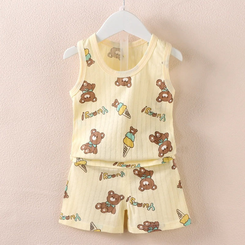 Cartoon Printed Sleeveless Top And Shorts Set For Kids-Cozy Stroller