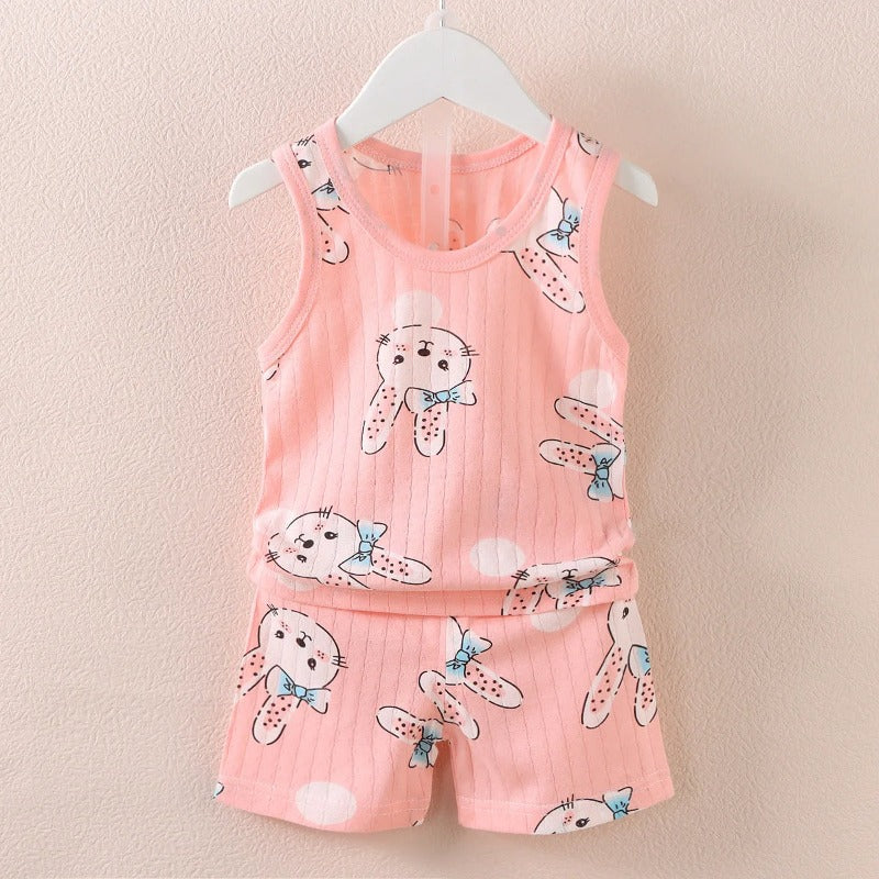 Cartoon Printed Sleeveless Top And Shorts Set For Kids-Cozy Stroller