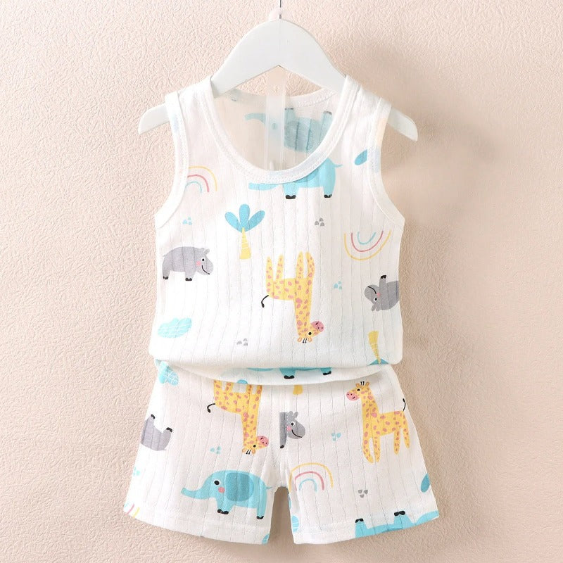 Cartoon Printed Sleeveless Top And Shorts Set For Kids-Cozy Stroller