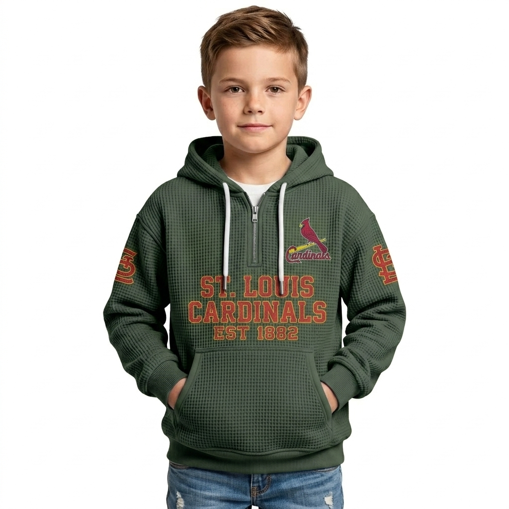 St. Louis Cardinals EST 1882 Printed Waffle Quarter Zip Baseball Fan Hoodie For Kids