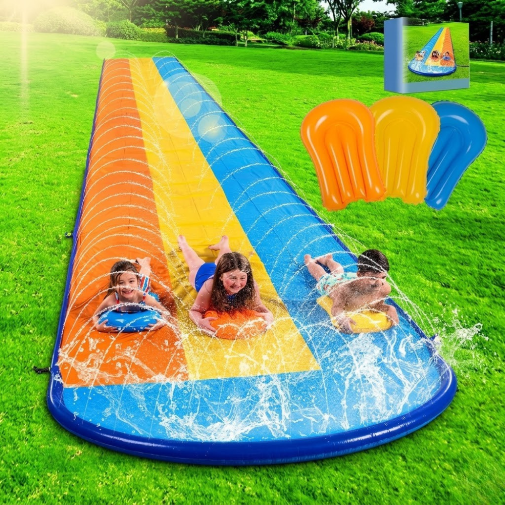  18ft Triple Water Slide With 3 Bodyboards Outdoor With Slip Sprinkler 
