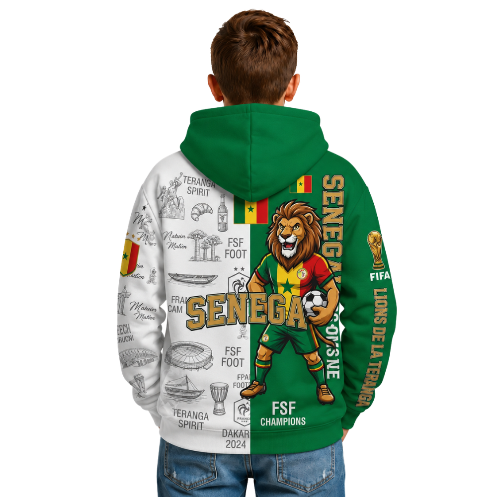 FIFA 2026 Senegal Football Themed All Over Printed Hoodie For Kids