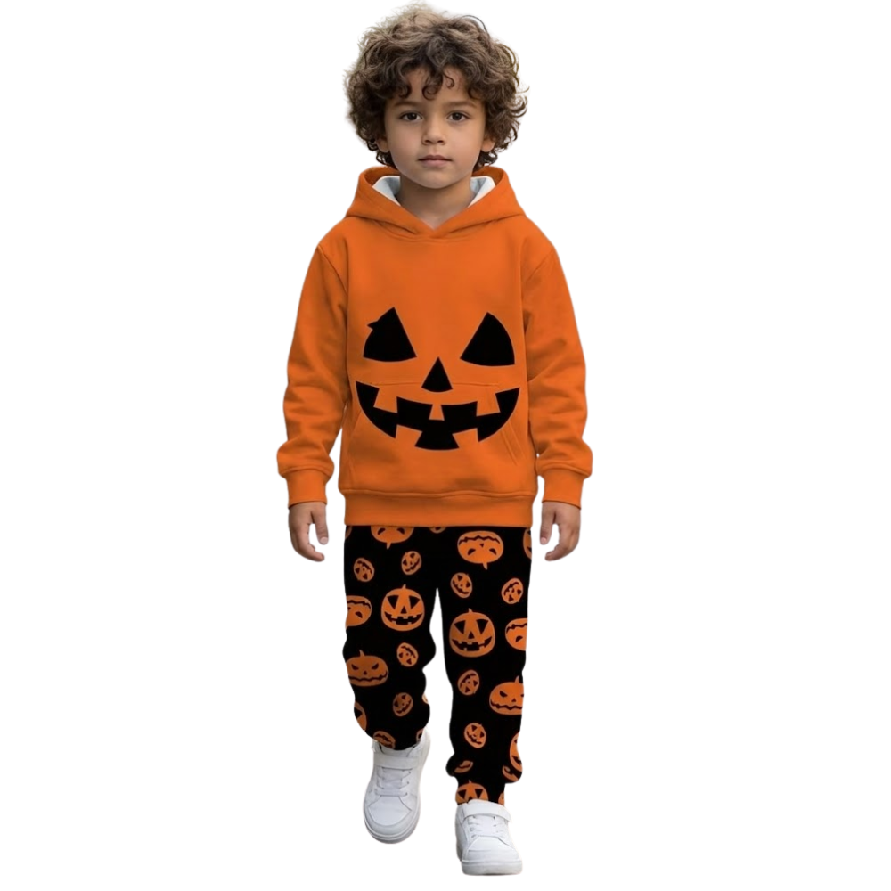 Pumpkin Print Hoodie And Pants Set For Kids