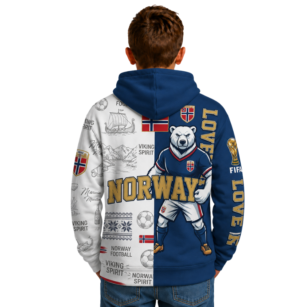 FIFA 2026 Norway Football Themed All Over Printed Hoodie For Kids