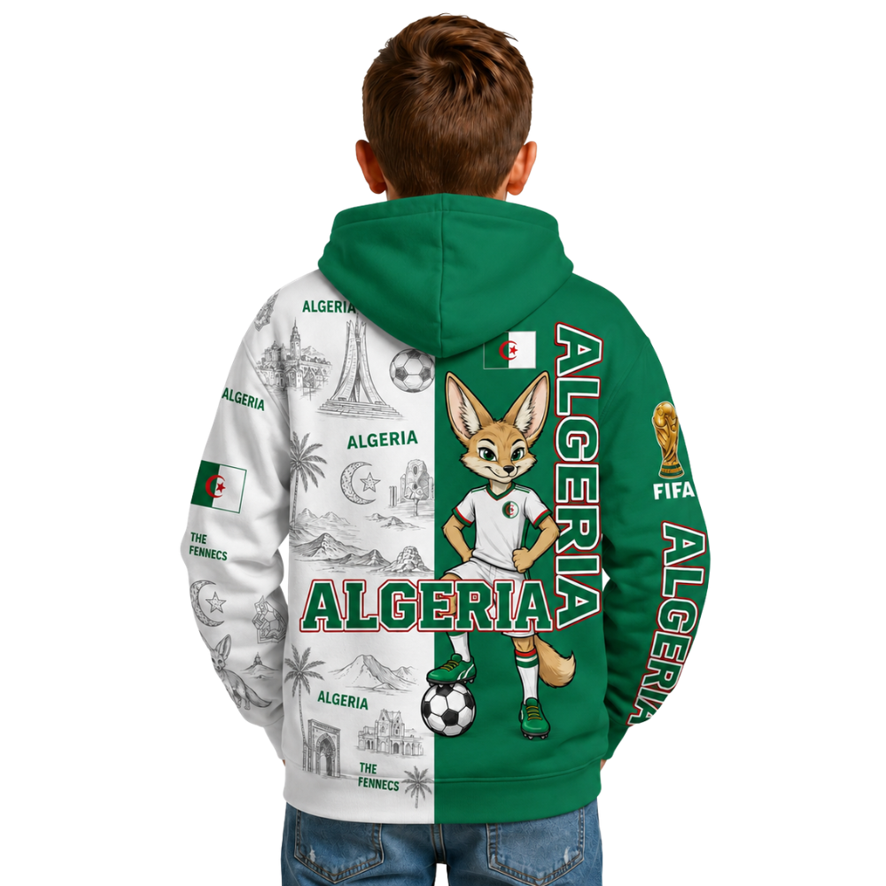 FIFA 2026 Algeria Football Themed All Over Printed Hoodie For Kids