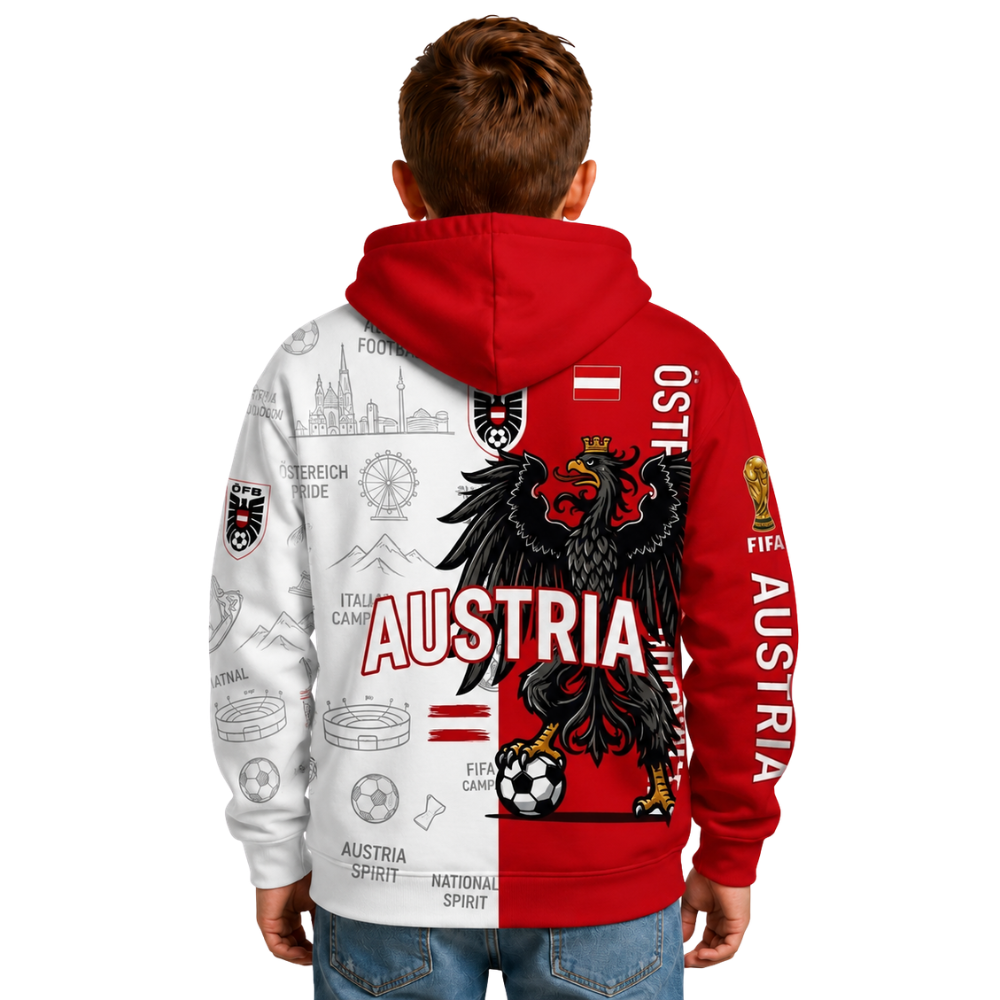 FIFA 2026 Austria Football Themed All Over Printed Hoodie For Kids