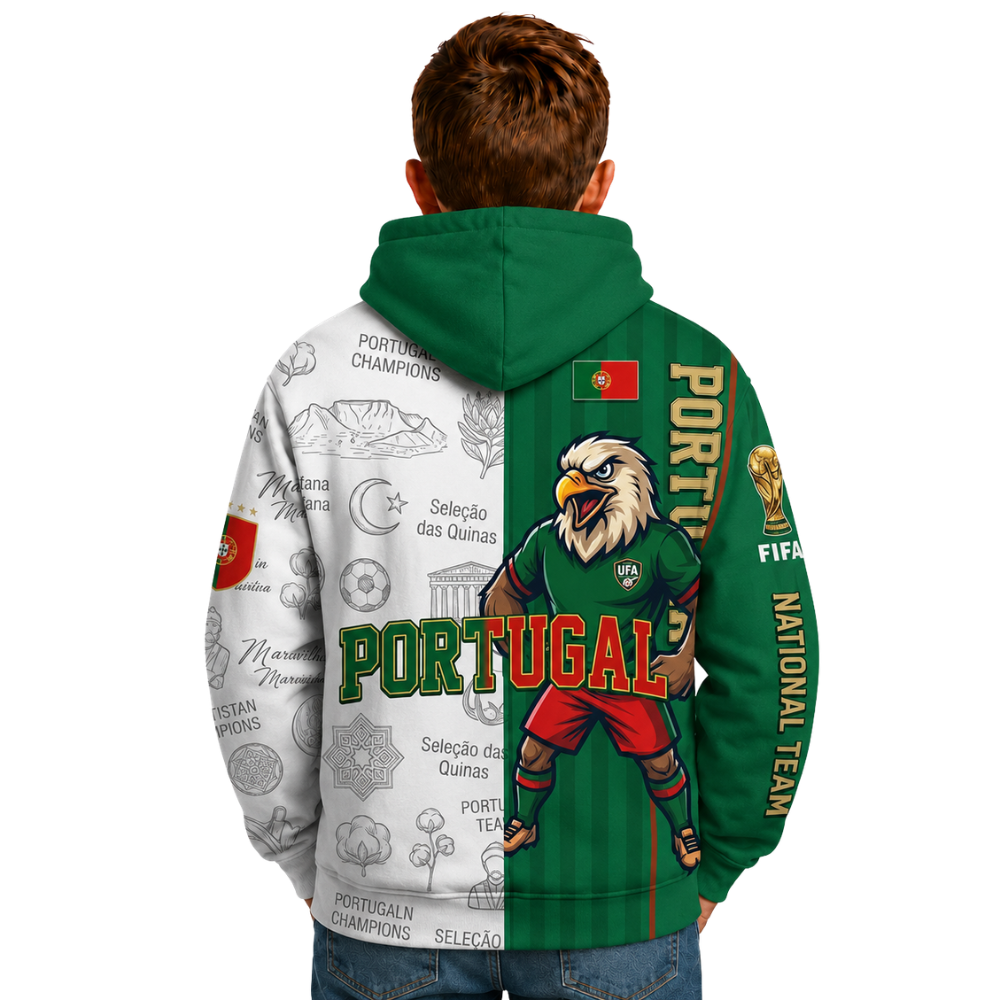 FIFA 2026 Portugal Football Themed All Over Printed Hoodie For Kids