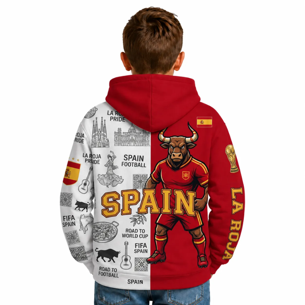 Spain Football Themed All Over Printed Hoodie For Kids