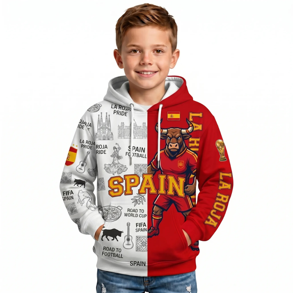 Spain Football Themed All Over Printed Hoodie For Kids