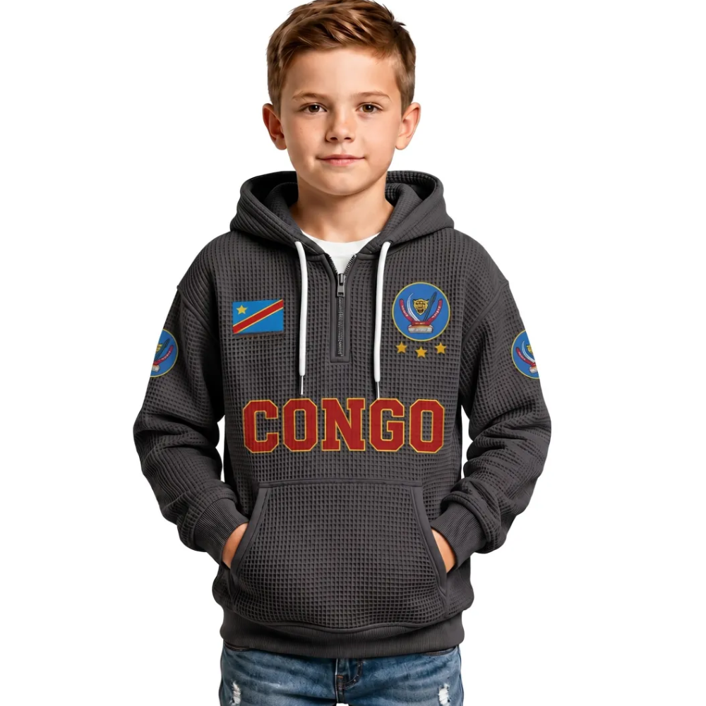 Democratic Republic Of The Congo Printed Waffle Quarter Zip Football Fan Hoodie For Kids