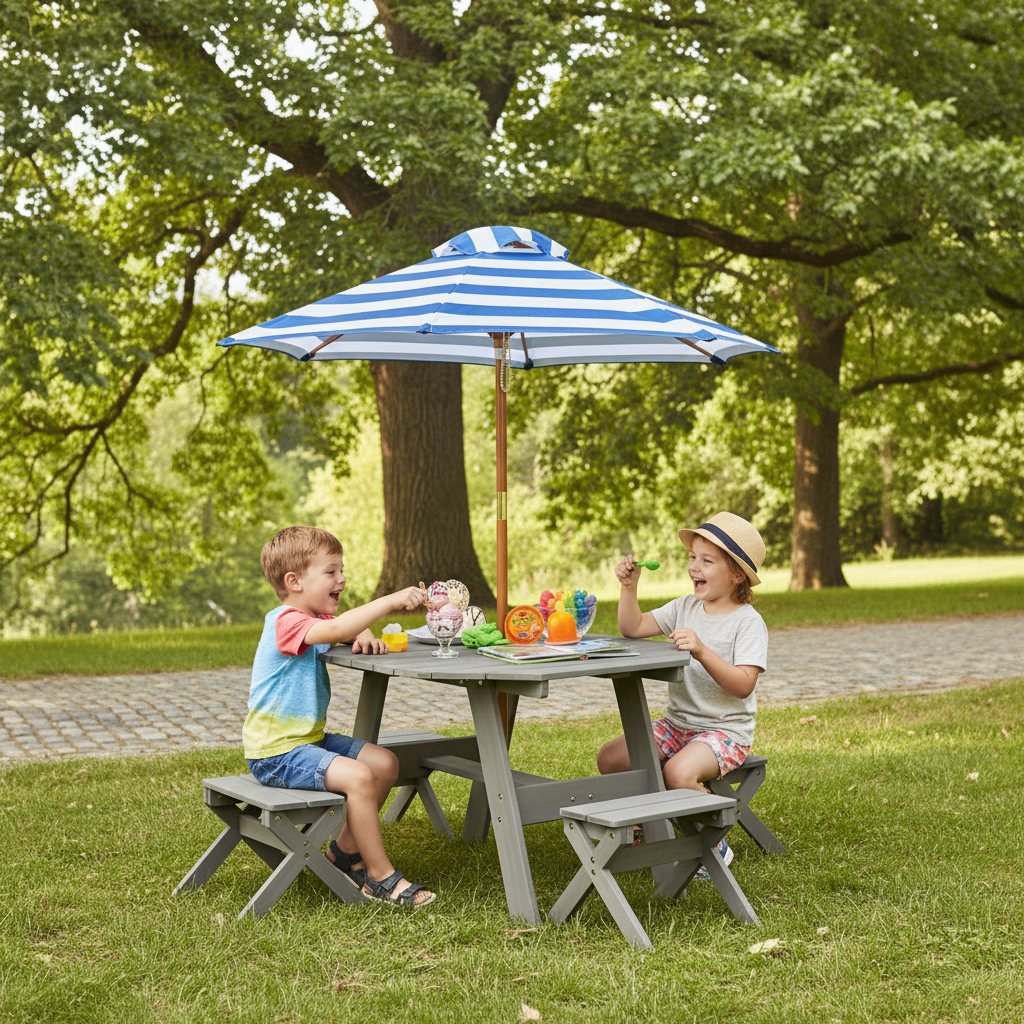 Kids Wooden Table Set Octagon 4 Stools Removable Adjustable Umbrella