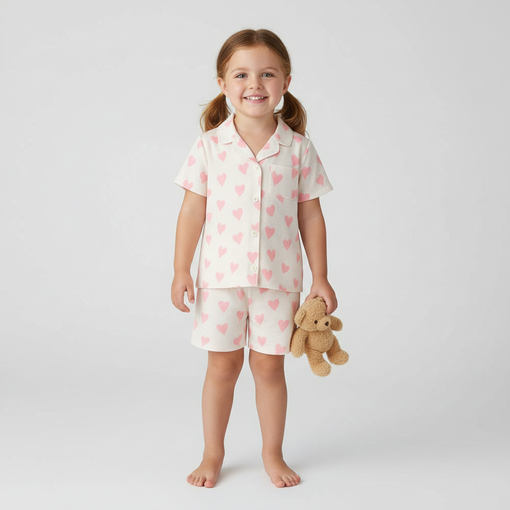 Cordate Print Snug Fit Pajama Set With Short Sleeve Pattern