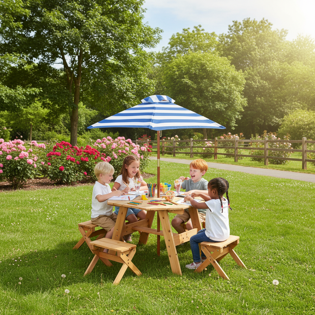Kids Wooden Table Set Octagon 4 Stools Removable Adjustable Umbrella