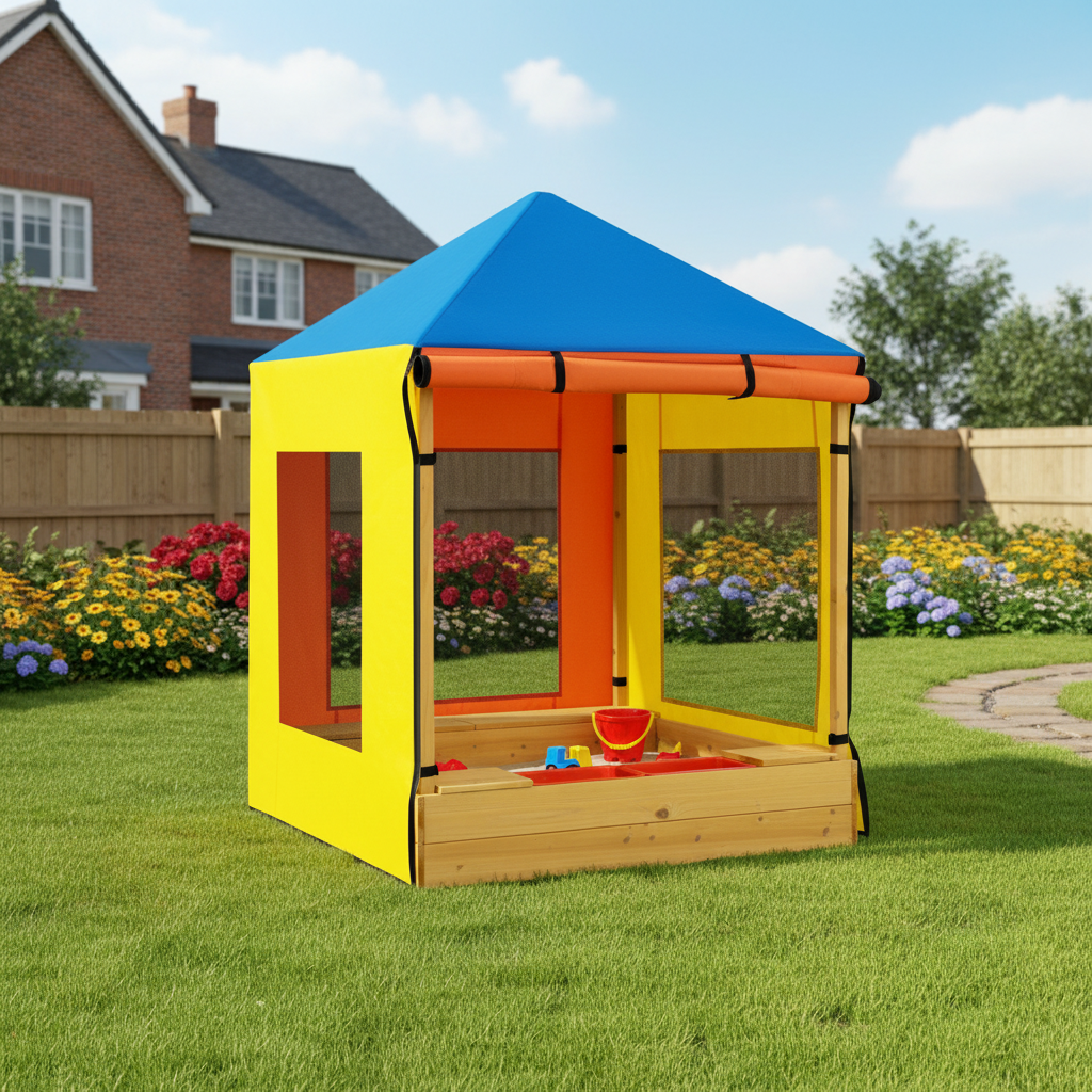Kids Wooden Sandbox W Canopy Sand Pit Windows Curtains Bench