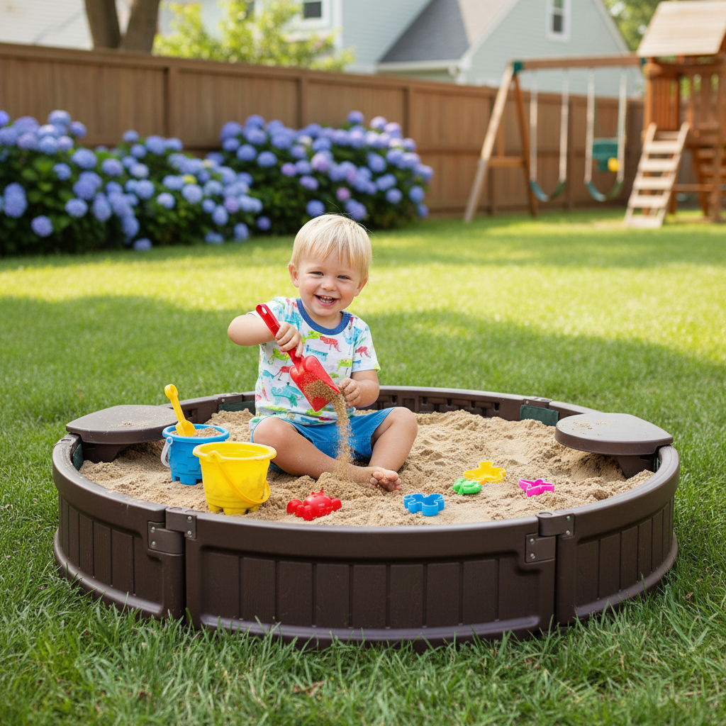 Wooden Sandbox With Built Corner Seat Cover Bottom For Kids
