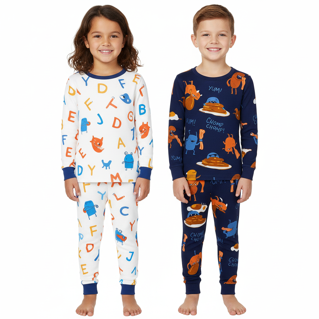 4 Piece Snug Fit Pajama Set With Long Sleeve Tees And Pants