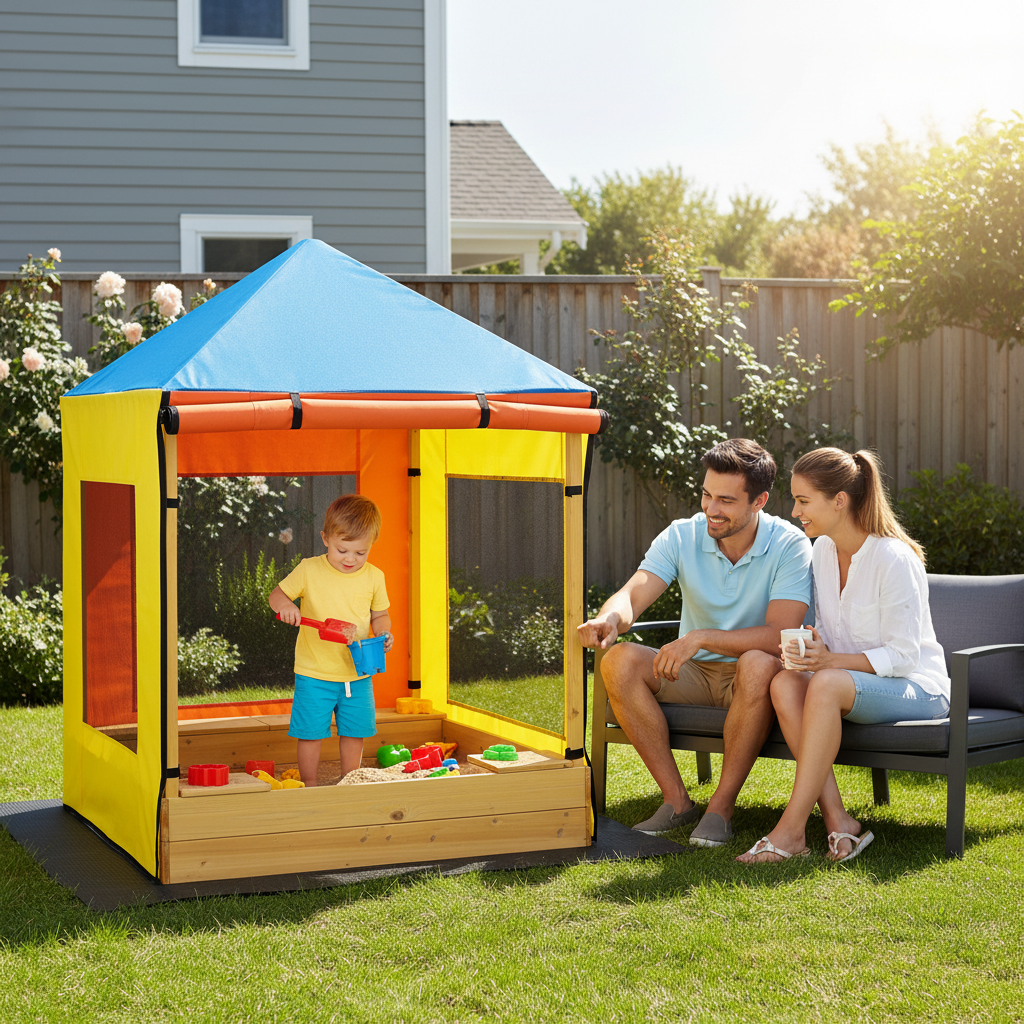 Kids Wooden Sandbox W Canopy Sand Pit Windows Curtains Bench