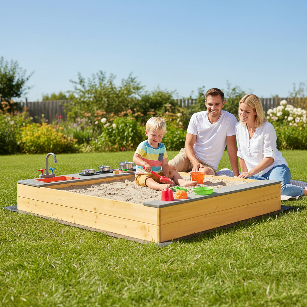 Kids Sandbox Outdoor Wooden Sandpit W Bottom Liner Creative Cooking