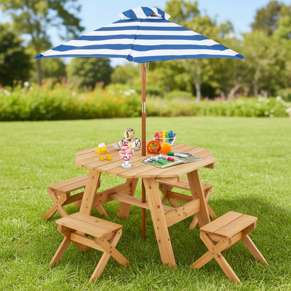 Kids Wooden Table Set Octagon 4 Stools Removable Adjustable Umbrella