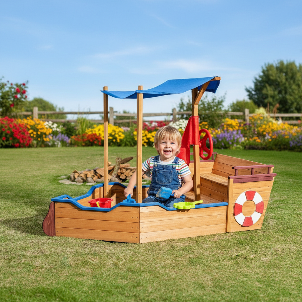 Ship Sandbox Cover Rudder Wooden Storage Bench Seat Toy