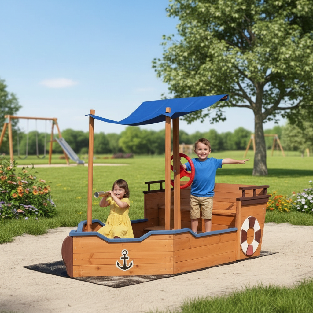 Ship Sandbox Cover Rudder Wooden Storage Bench Seat Toy
