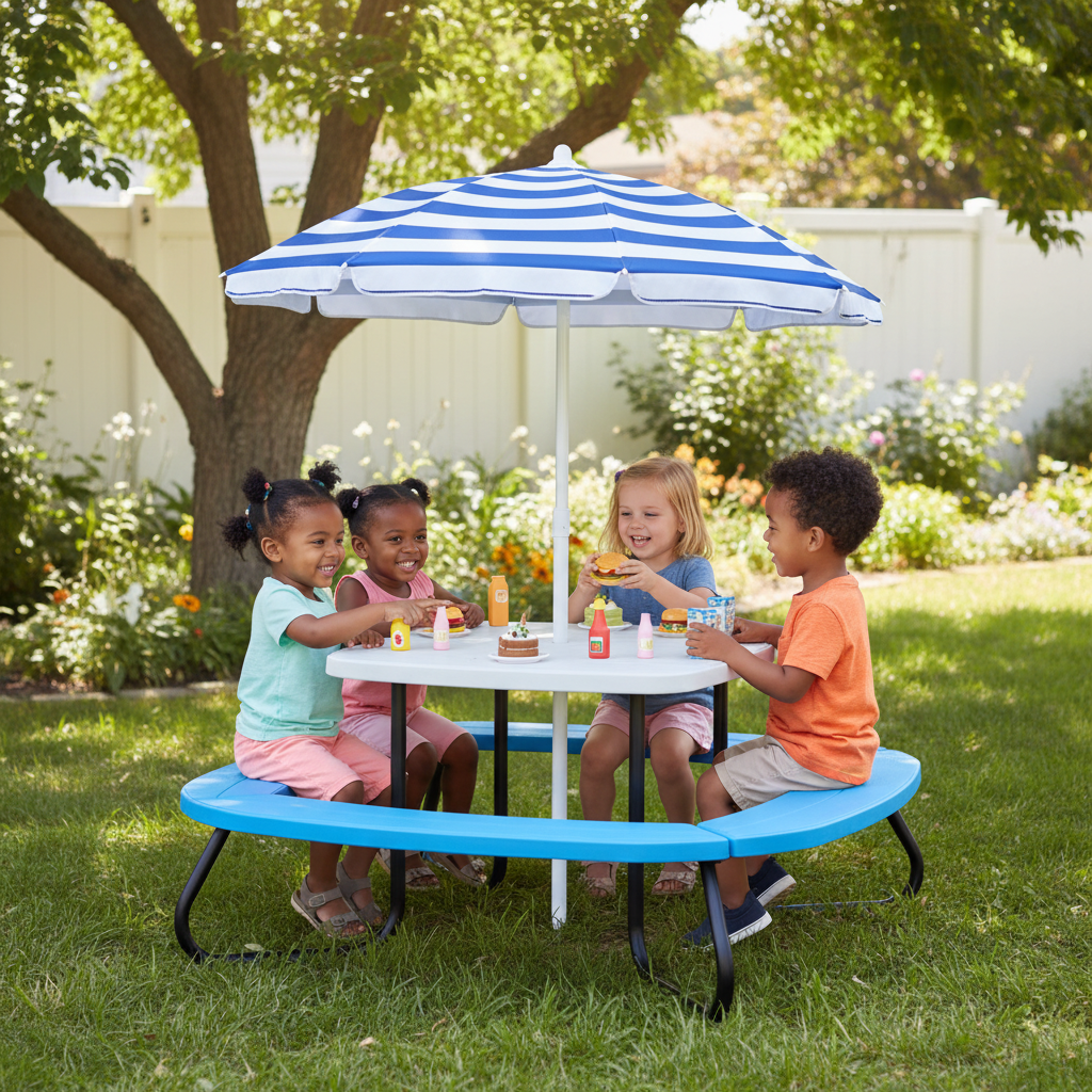 Kids Picnic Table Outdoor Activity Table With Adjustable Collapsible Umbrella