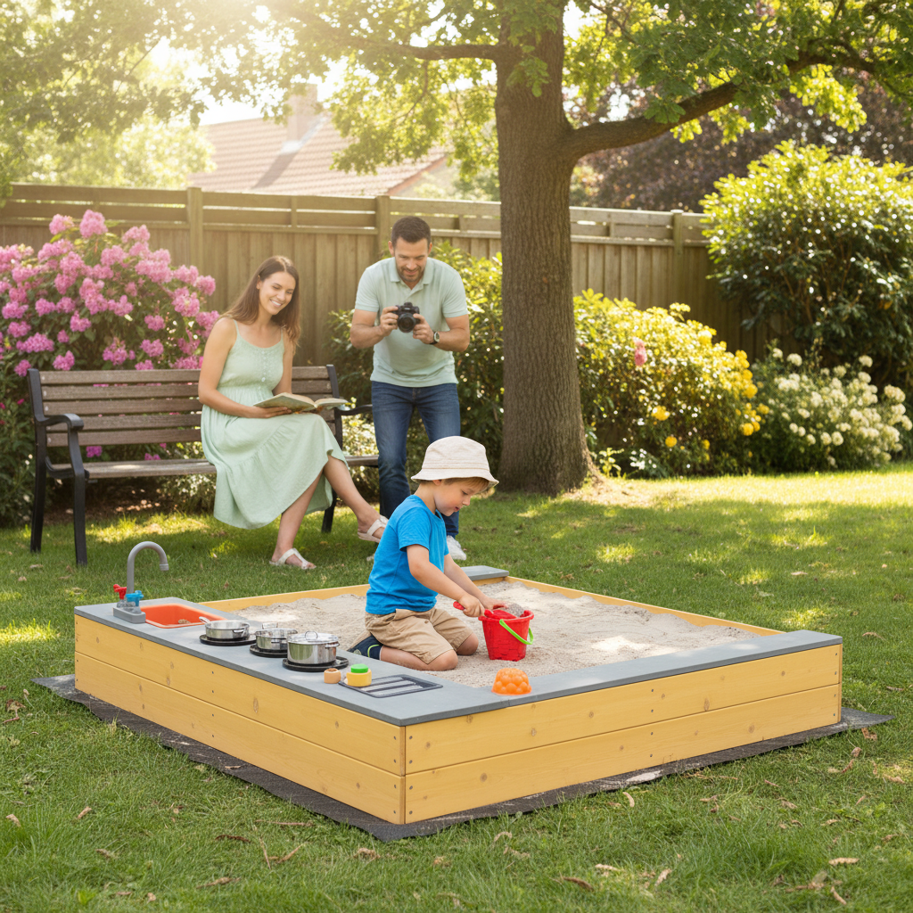 Kids Sandbox Outdoor Wooden Sandpit W Bottom Liner Creative Cooking