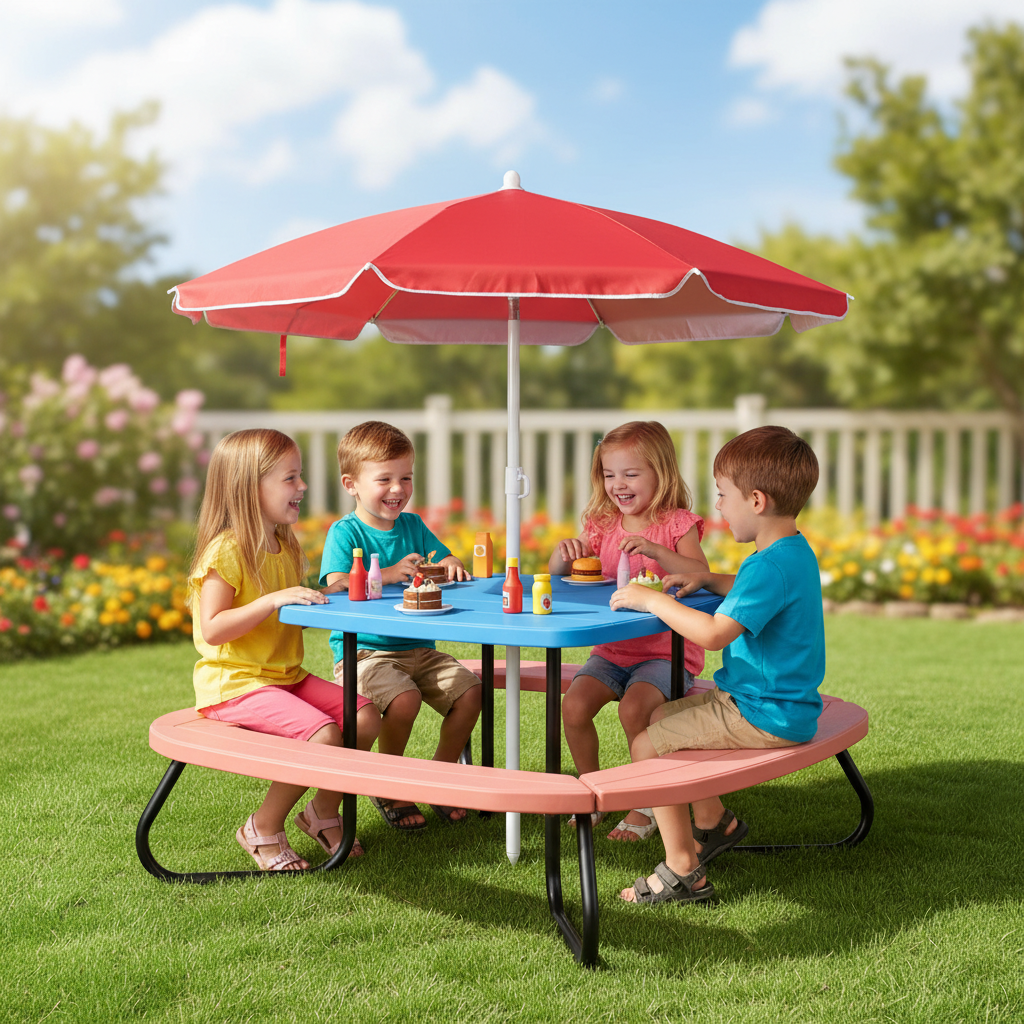 Kids Picnic Table Outdoor Activity Table With Adjustable Collapsible Umbrella