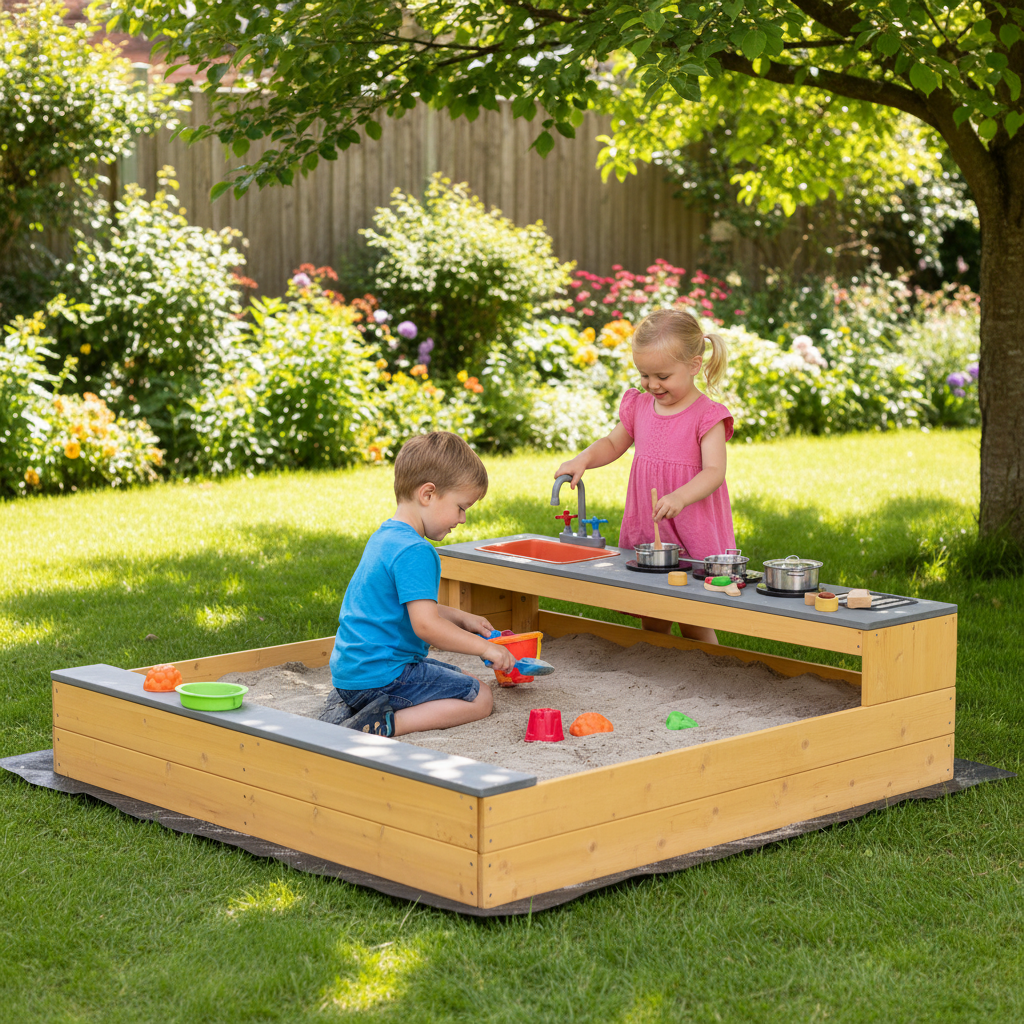 Kids Sandbox Outdoor Wooden Sandpit W Bottom Liner Creative Cooking