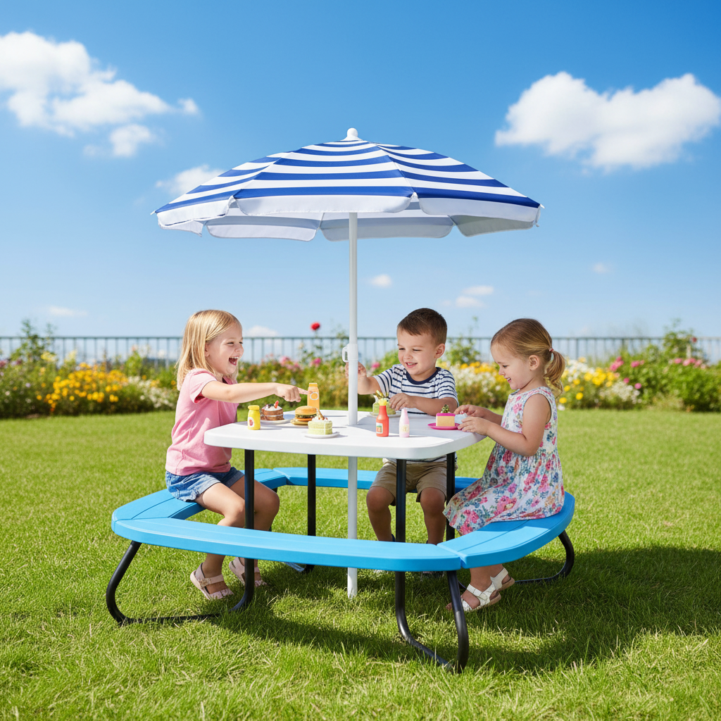 Kids Picnic Table Outdoor Activity Table With Adjustable Collapsible Umbrella