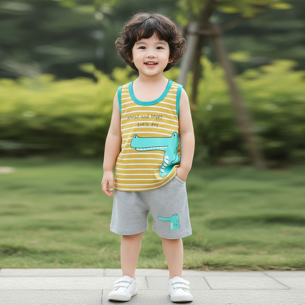 Teddy Print Sleeveless T Shirts Shorts Set