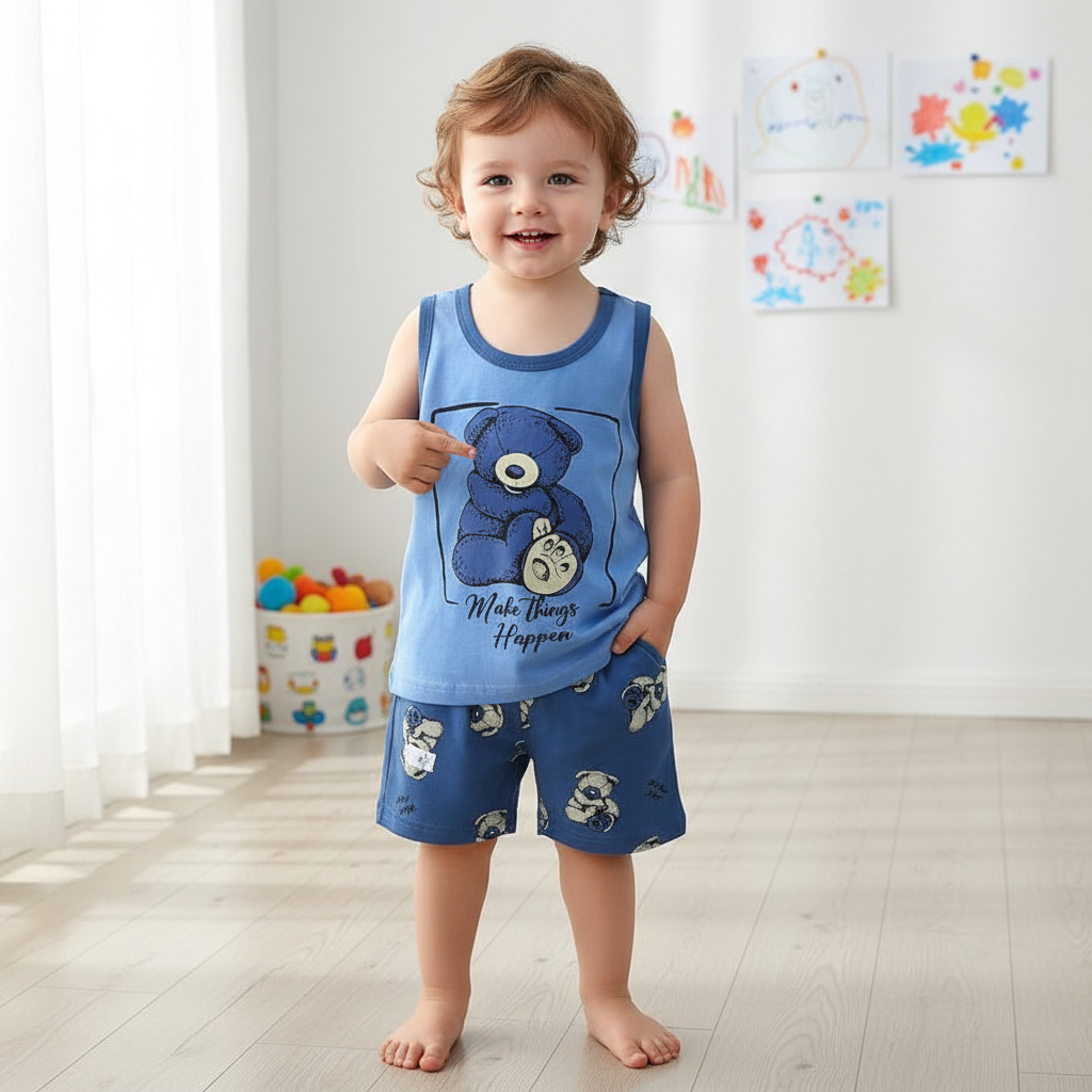 Teddy Print Sleeveless T Shirts Shorts Set