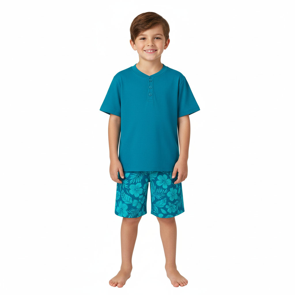 Tropical Print Henley Pajama Set With Lightweight And Flame Resistant Design