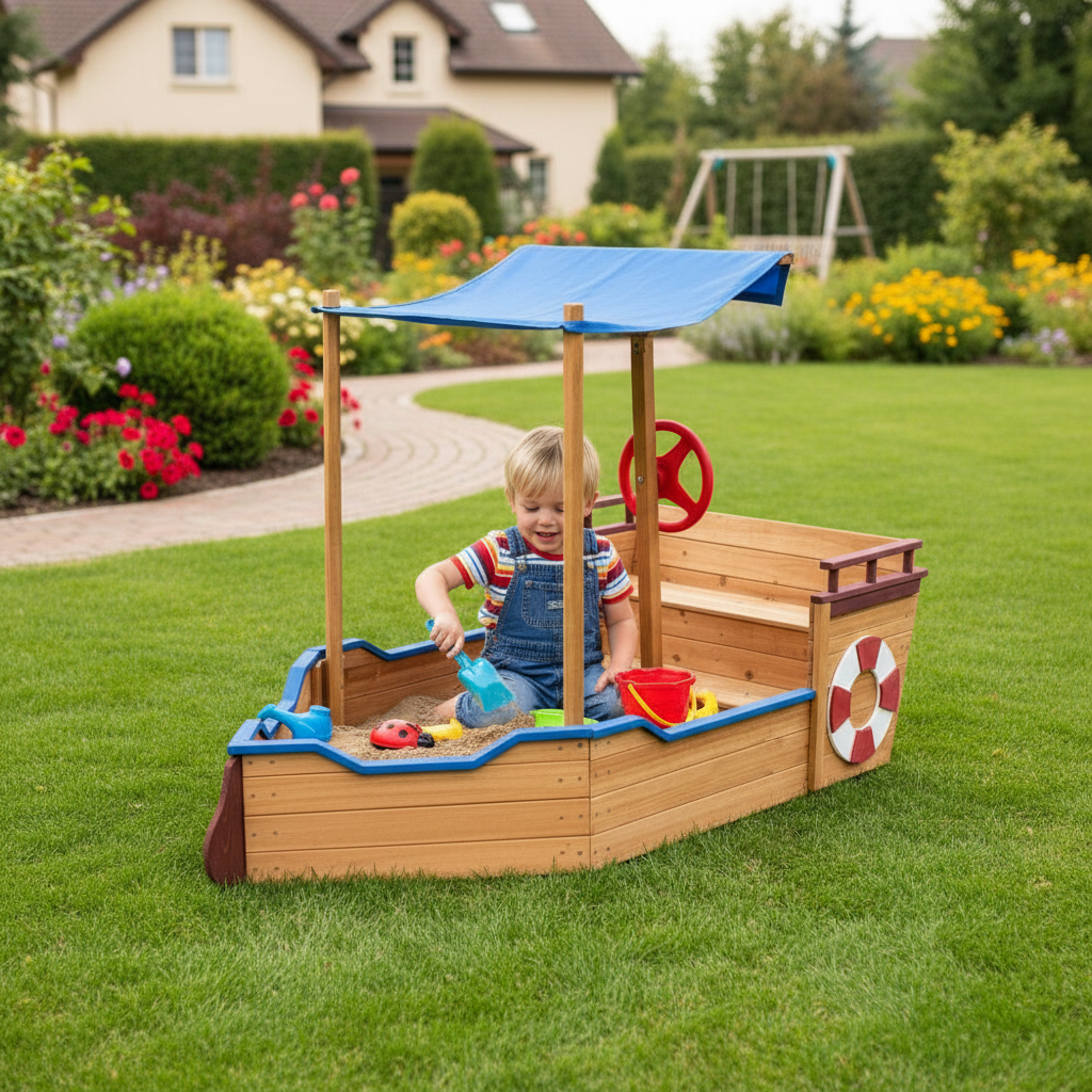 Ship Sandbox Cover Rudder Wooden Storage Bench Seat Toy