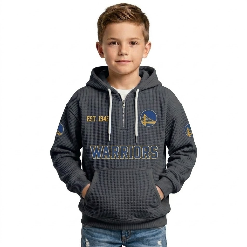 Golden State Warriors EST 1946 Printed Waffle Quarter Zip Basketball Fan Hoodie For Kids
