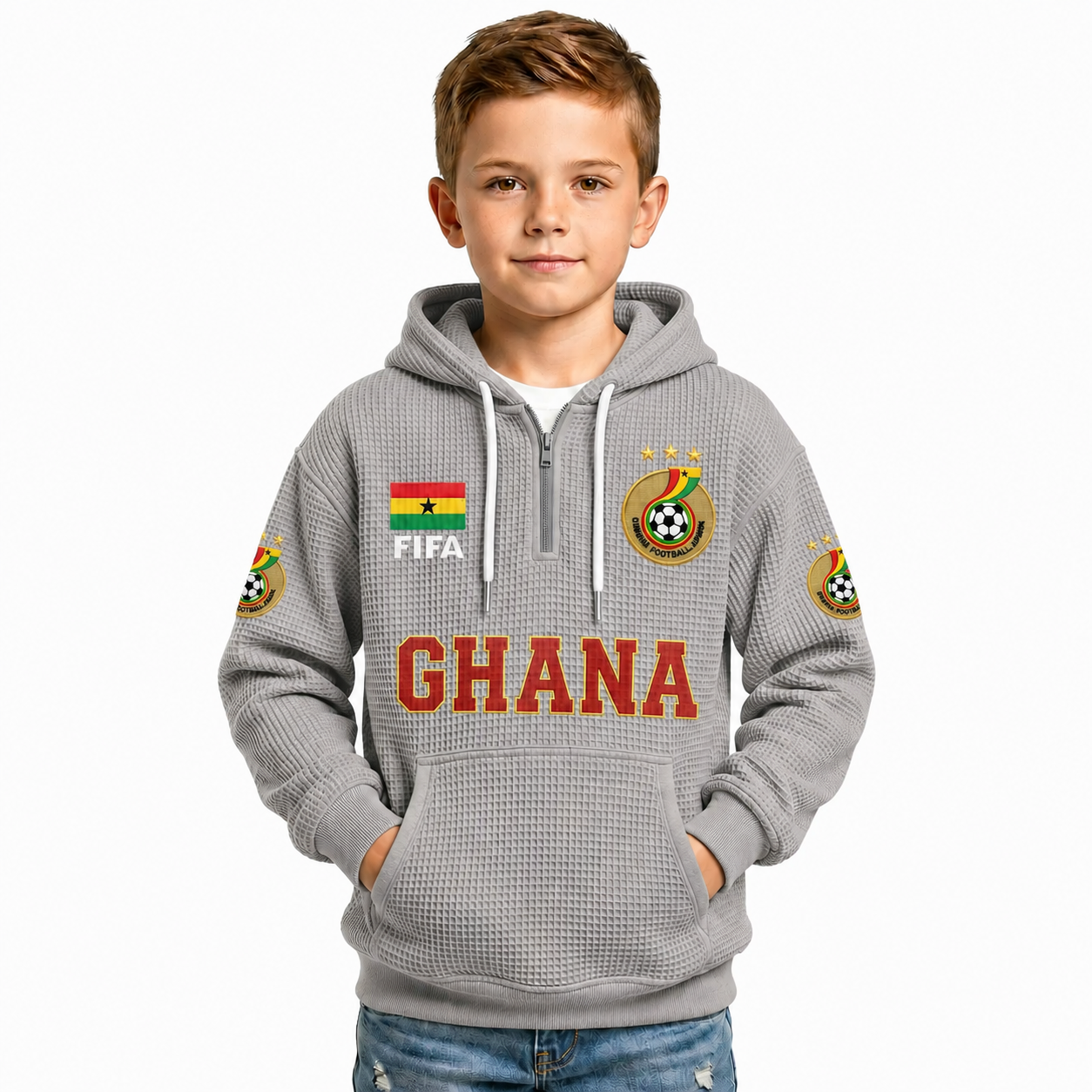 FIFA 2026 Ghana Printed Waffle Quarter Zip Football Fan Hoodie For Kids