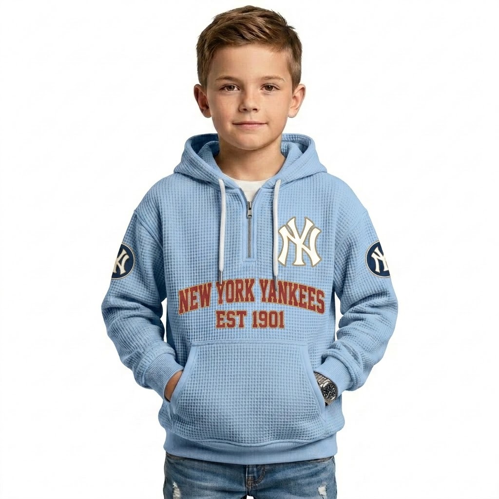 New York Yankees EST 1901 Printed Waffle Quarter Zip Baseball Fan Hoodie For Kids