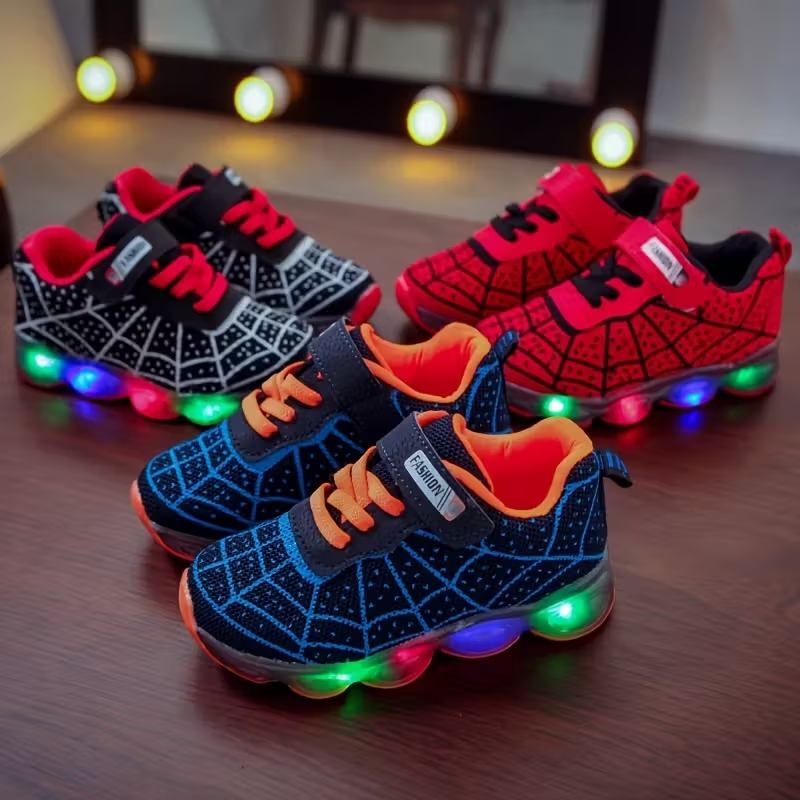 Flashing LED Sneakers With Mesh Spider Design For Kids