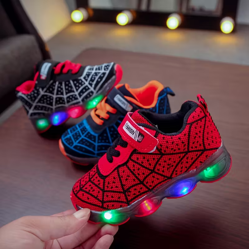 Flashing LED Sneakers With Mesh Spider Design For Kids