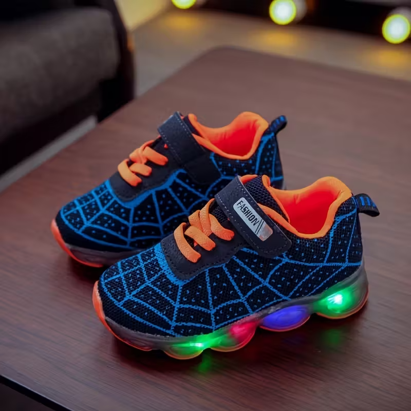 Flashing LED Sneakers With Mesh Spider Design For Kids
