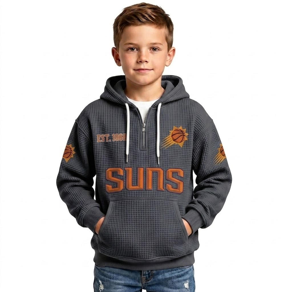 Phoenix Suns EST 1968 Printed Waffle Quarter Zip Basketball Fan Hoodie For Kids