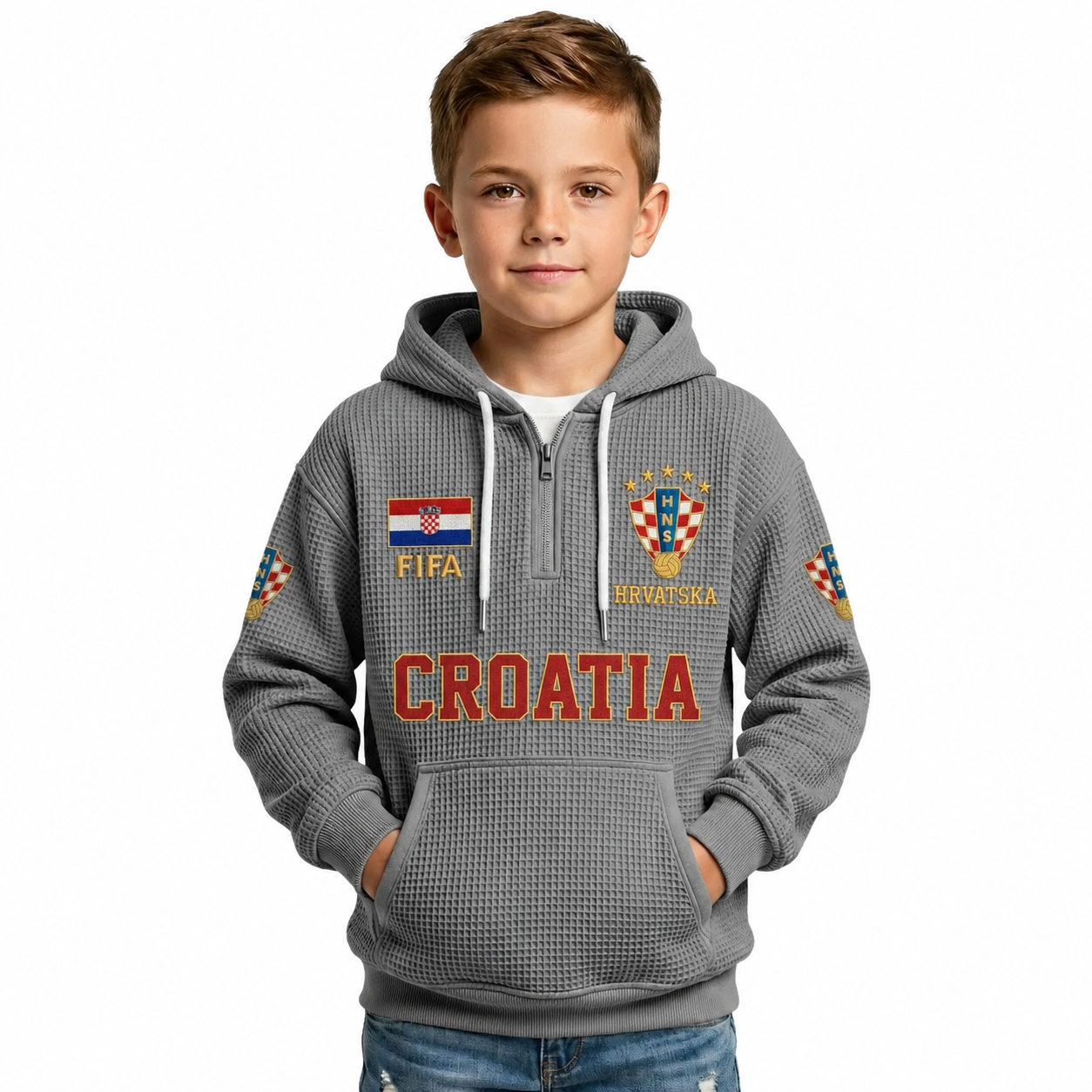 FIFA 2026 Croatia Printed Waffle Quarter Zip Football Fan Hoodie For Kids