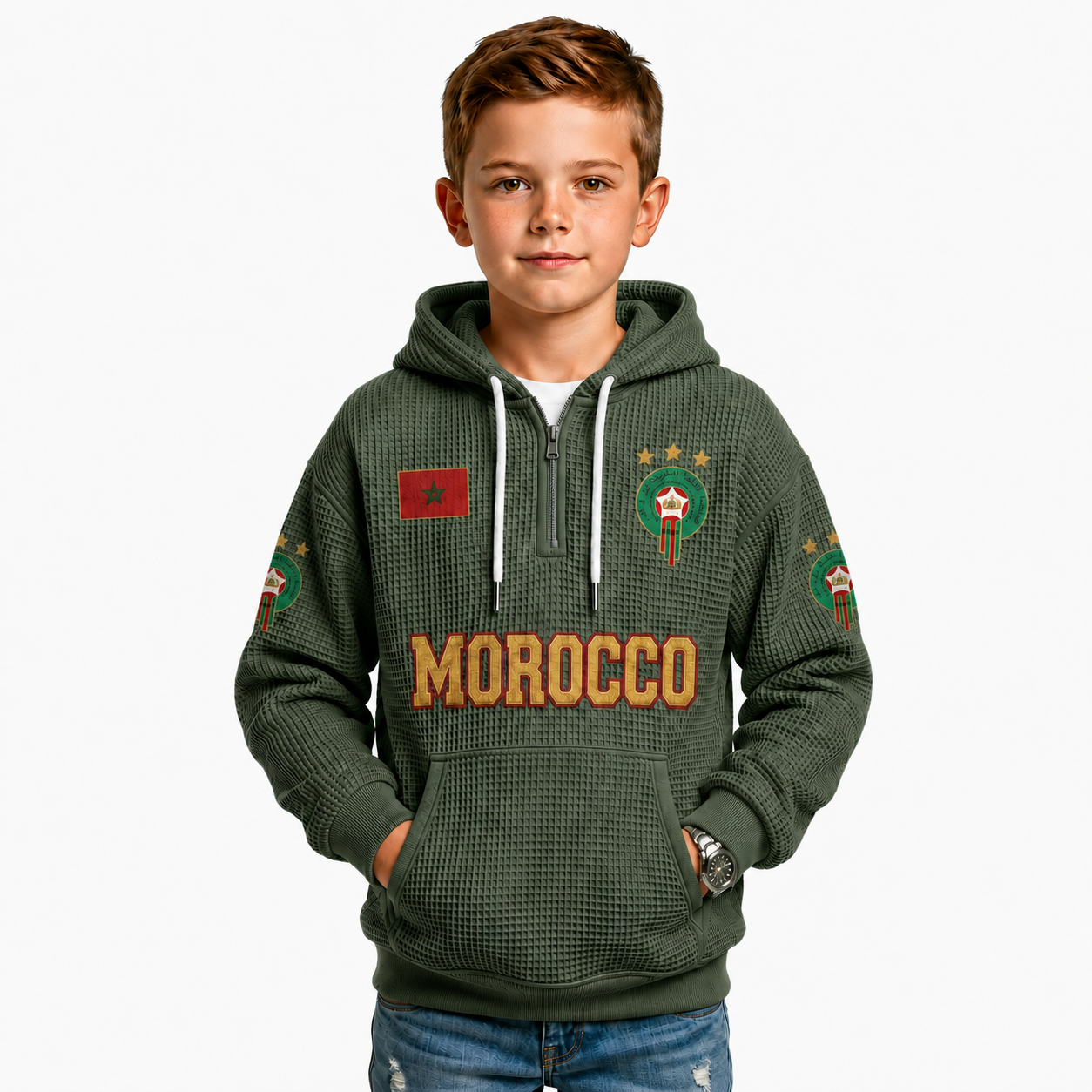 Morocco Printed Waffle Quarter Zip Football Fan Hoodie For Kids