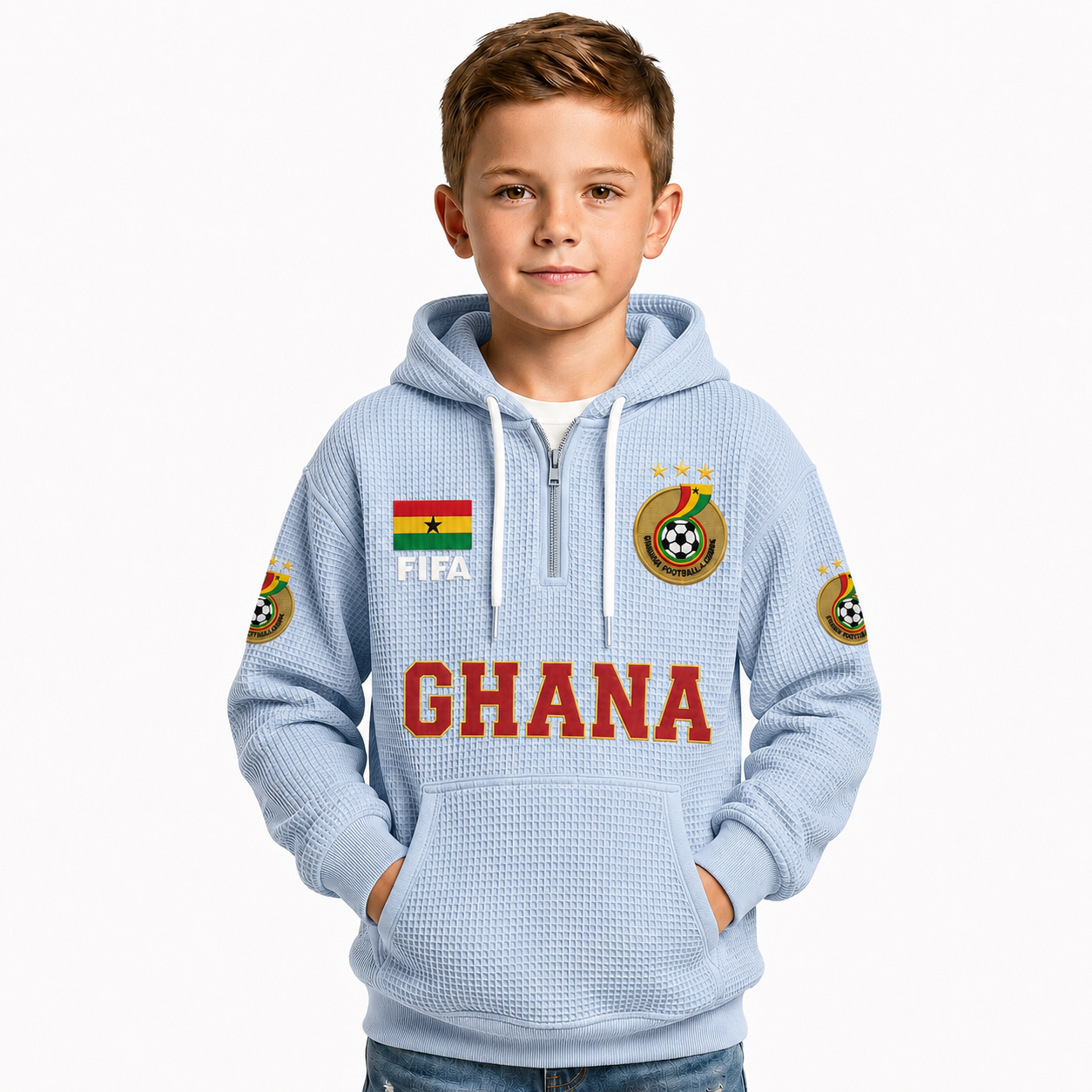 FIFA 2026 Ghana Printed Waffle Quarter Zip Football Fan Hoodie For Kids
