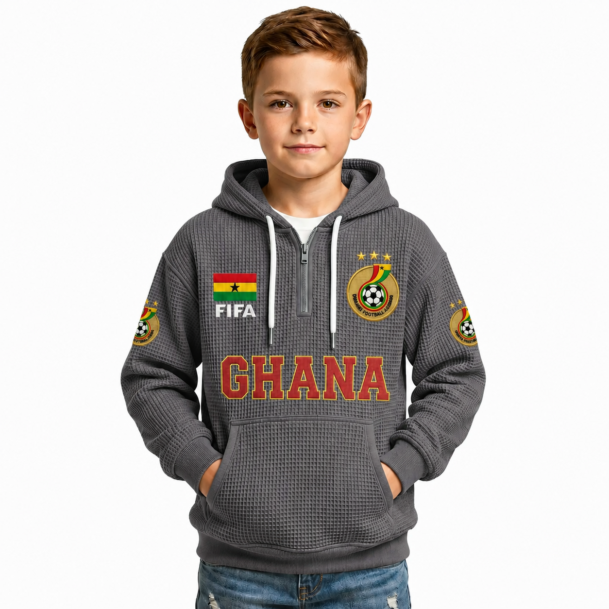 FIFA 2026 Ghana Printed Waffle Quarter Zip Football Fan Hoodie For Kids