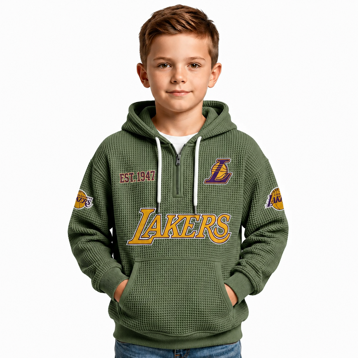 Los Angeles Lakers EST 1947 Printed Waffle Quarter Zip Basketball Fan Hoodie For Kids