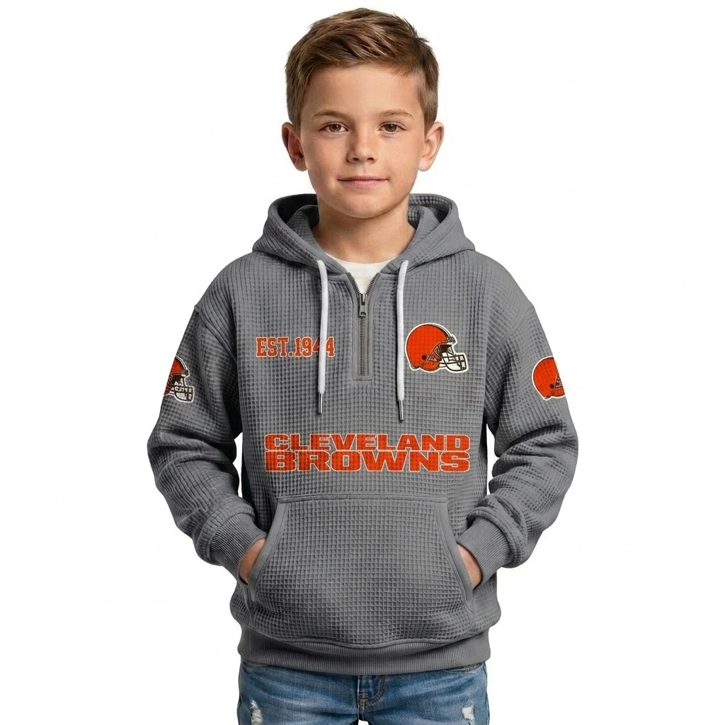 Waffle Quarter Zip Hoodie With Vintage Sports Design For Kids