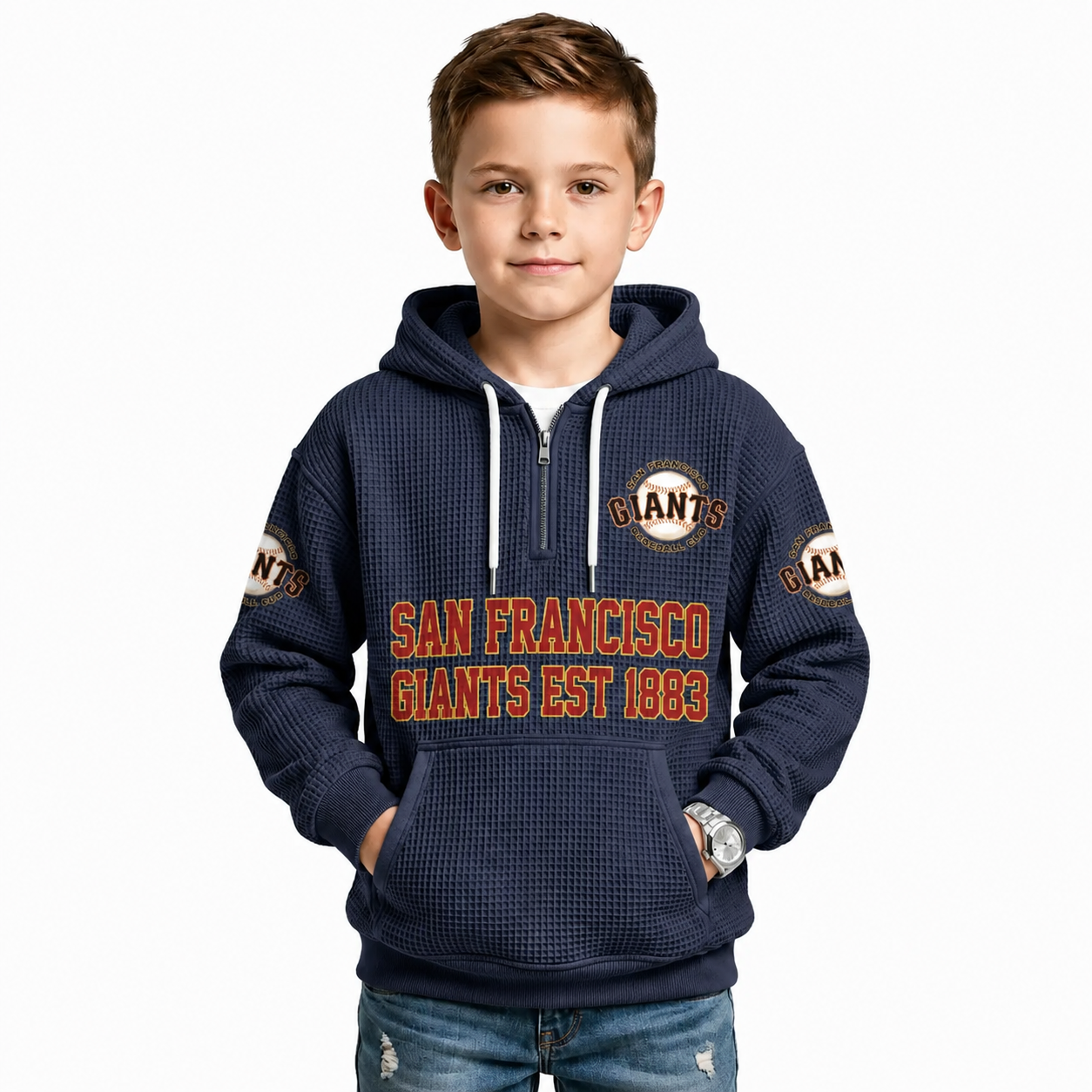 San Francisco Giants EST 1883 Printed Waffle Quarter Zip Baseball Fan Hoodie For Kids