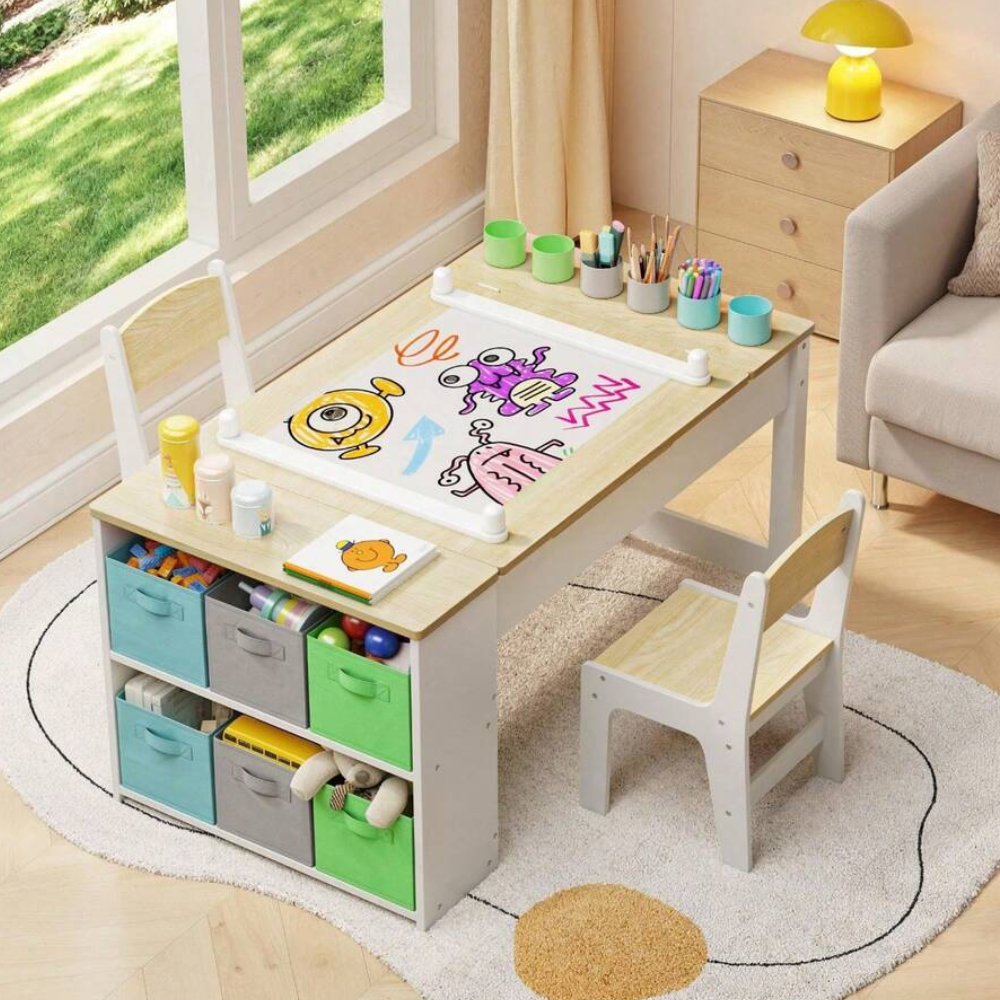Multipurpose Kids Play Table And Chair Set With Built In Storage Shelves
